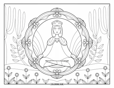 Coloriage de reine pour adultes : Une reine sereine médite dans un jardin luxuriant avec de grandes plantes et des fleurs