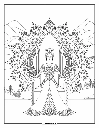 Coloriage de reine pour adultes : Une reine sereine est assise sur un trône orné de mandalas avec un décor magnifique