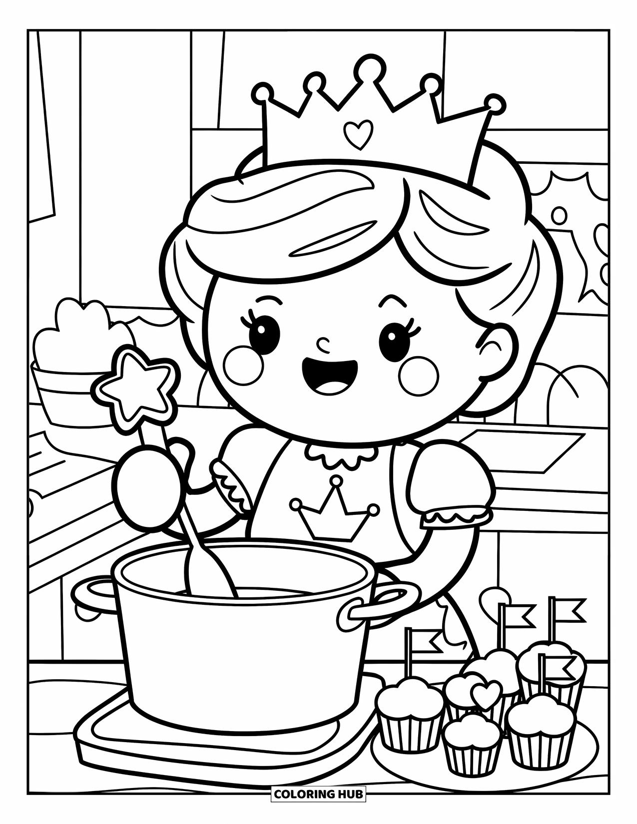 Queen Coloring Page for Adults: A smiling queen stirs a pot in her cozy kitchen with cupcakes nearby