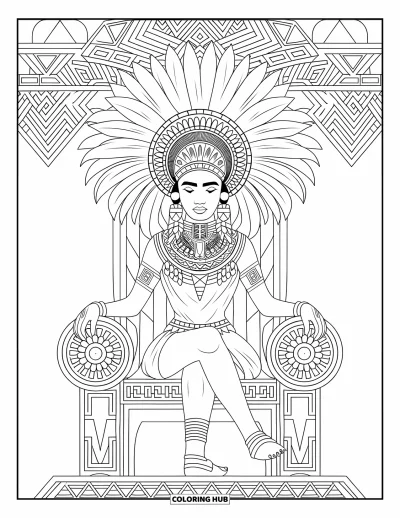 Coloriage de reine pour adultes : Une reine tribale avec une coiffe à plumes est assise sereinement sur un trône en bois