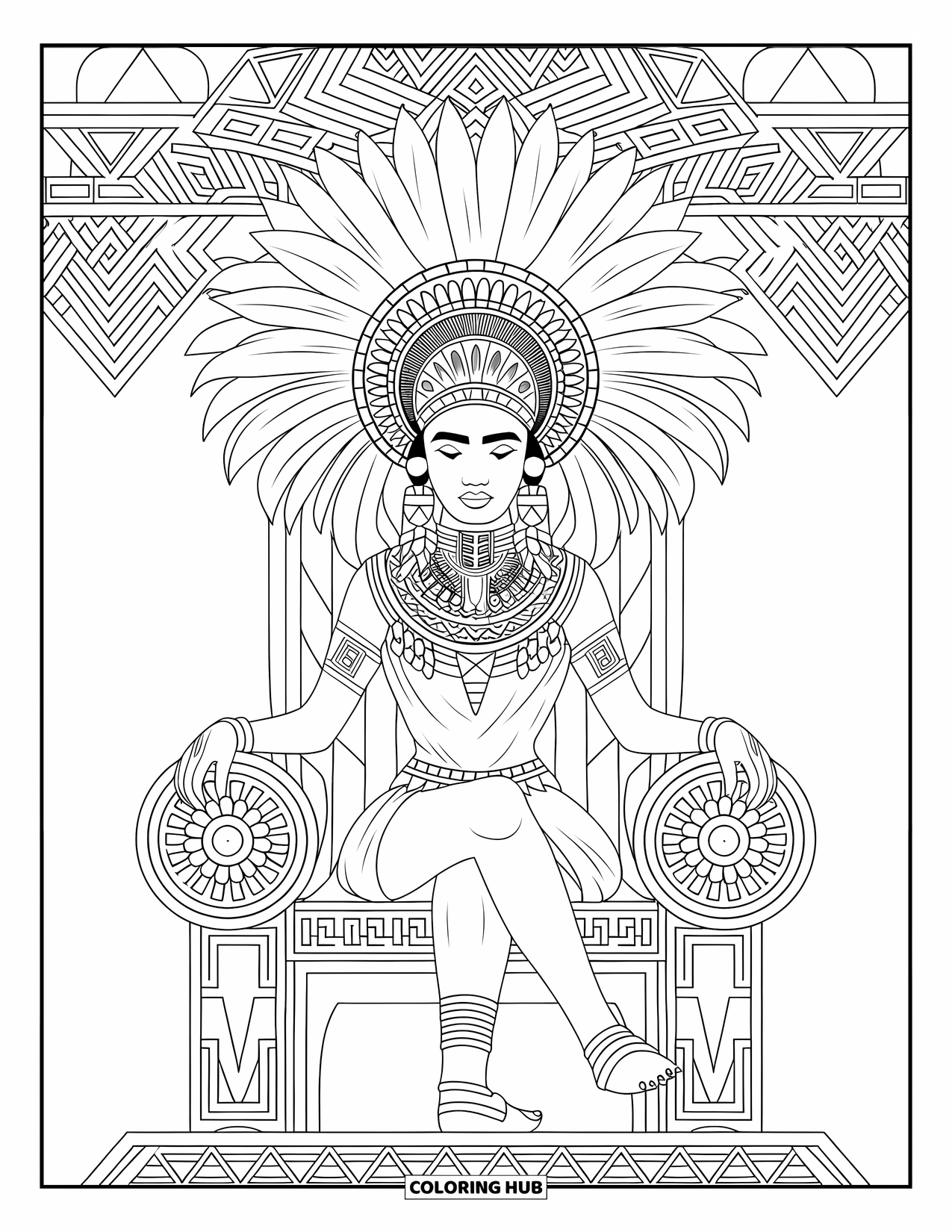 Queen Coloring Page for Adults: A tribal queen with a feathered headdress sits calmly on a wooden throne