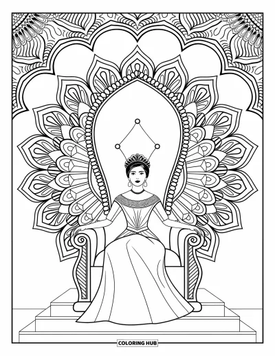 Coloriage de reine pour adultes : Une reine raffinée est assise sur un haut trône entouré de motifs de mandalas