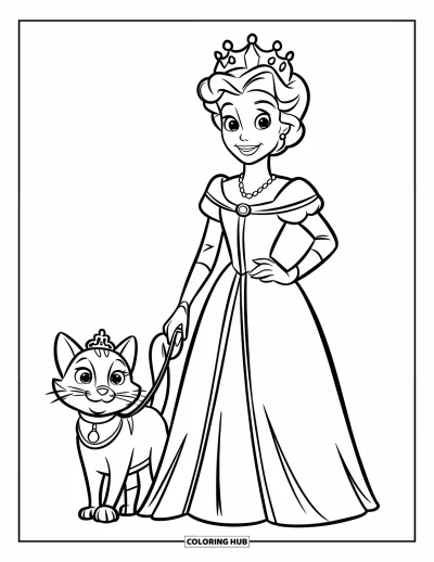 Coloriage de reine pour enfants : Une reine joyeuse tient son chat dans la cour d'un château