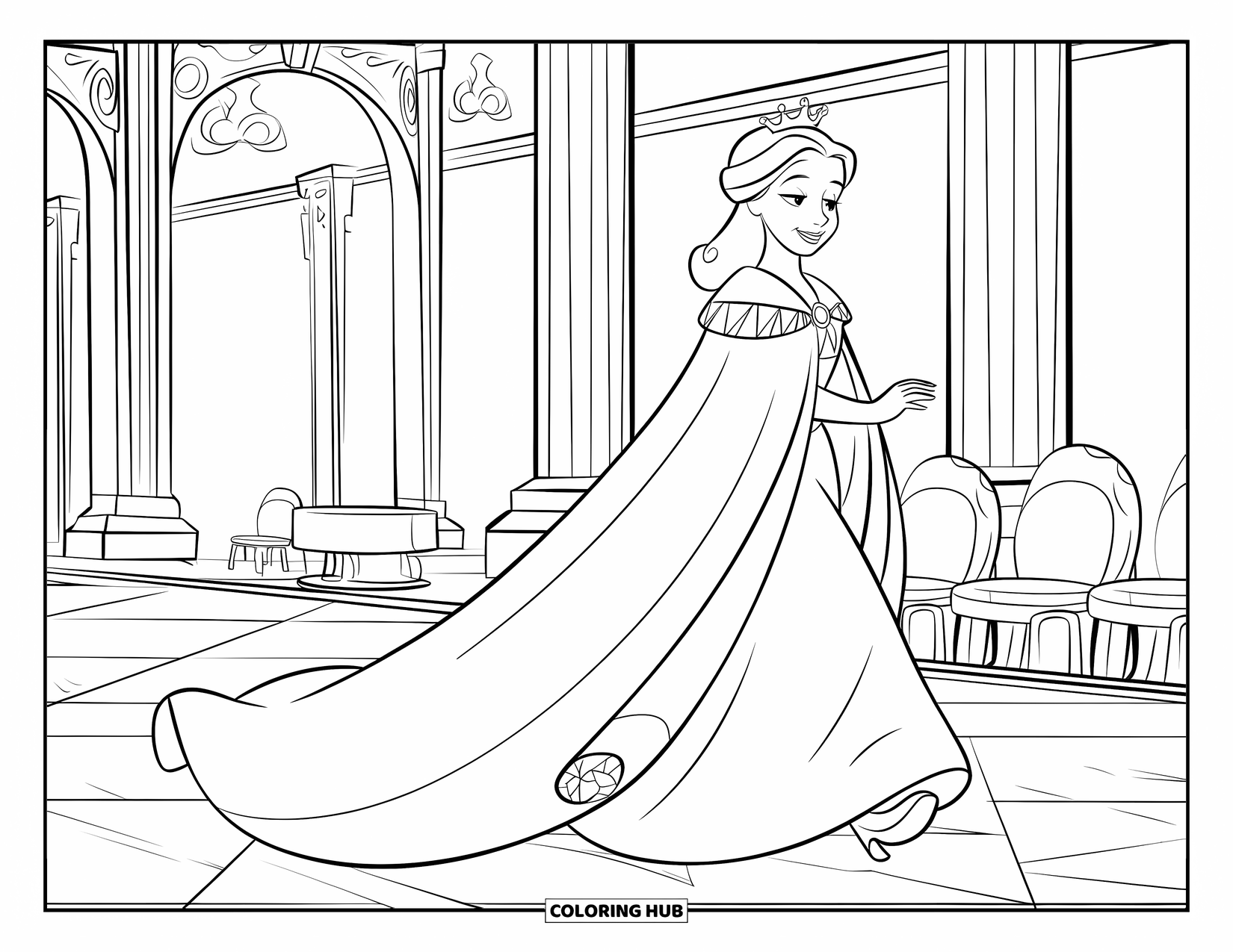 Queen Coloring Page for Kids: A cheerful queen strolls through a palace hall with marble floors and royal furnishings