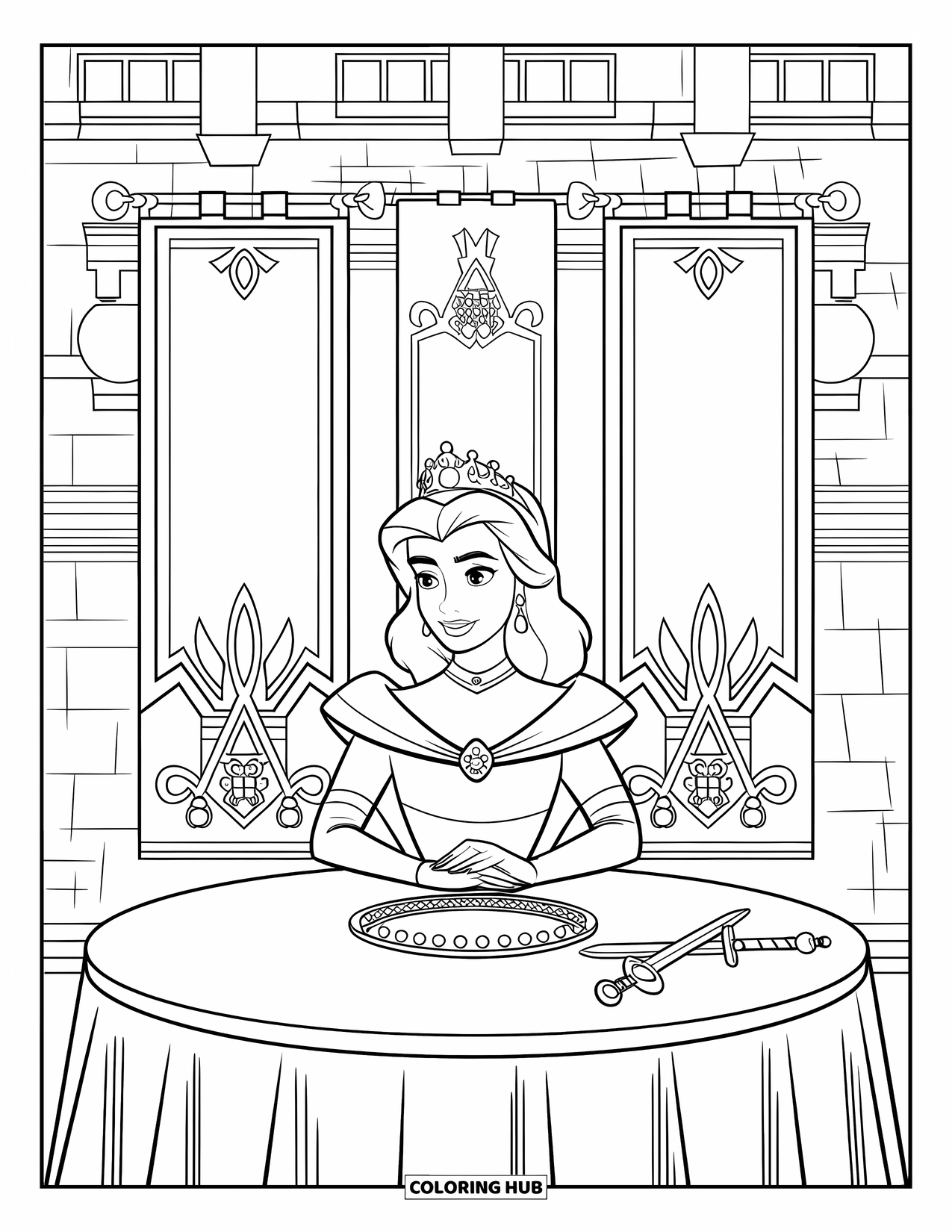 Queen Coloring Page for Kids: A confident queen sits at a round table with royal banners behind her