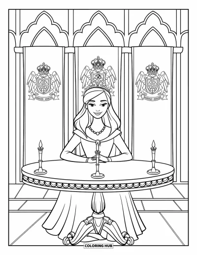 Coloriage de reine pour enfants : Une reine assurée est assise près de fenêtres en arc avec des bannières et des chandeliers derrière elle