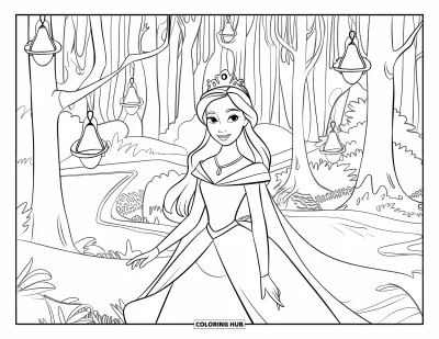 Coloriage de reine pour enfants : Une reine couronnée explore une forêt enchantée avec des lanternes et des sentiers sinueux