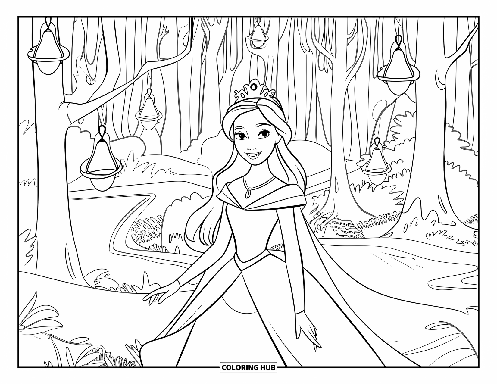 Queen Coloring Page for Kids: A crowned queen explores an enchanted forest with lanterns and winding paths