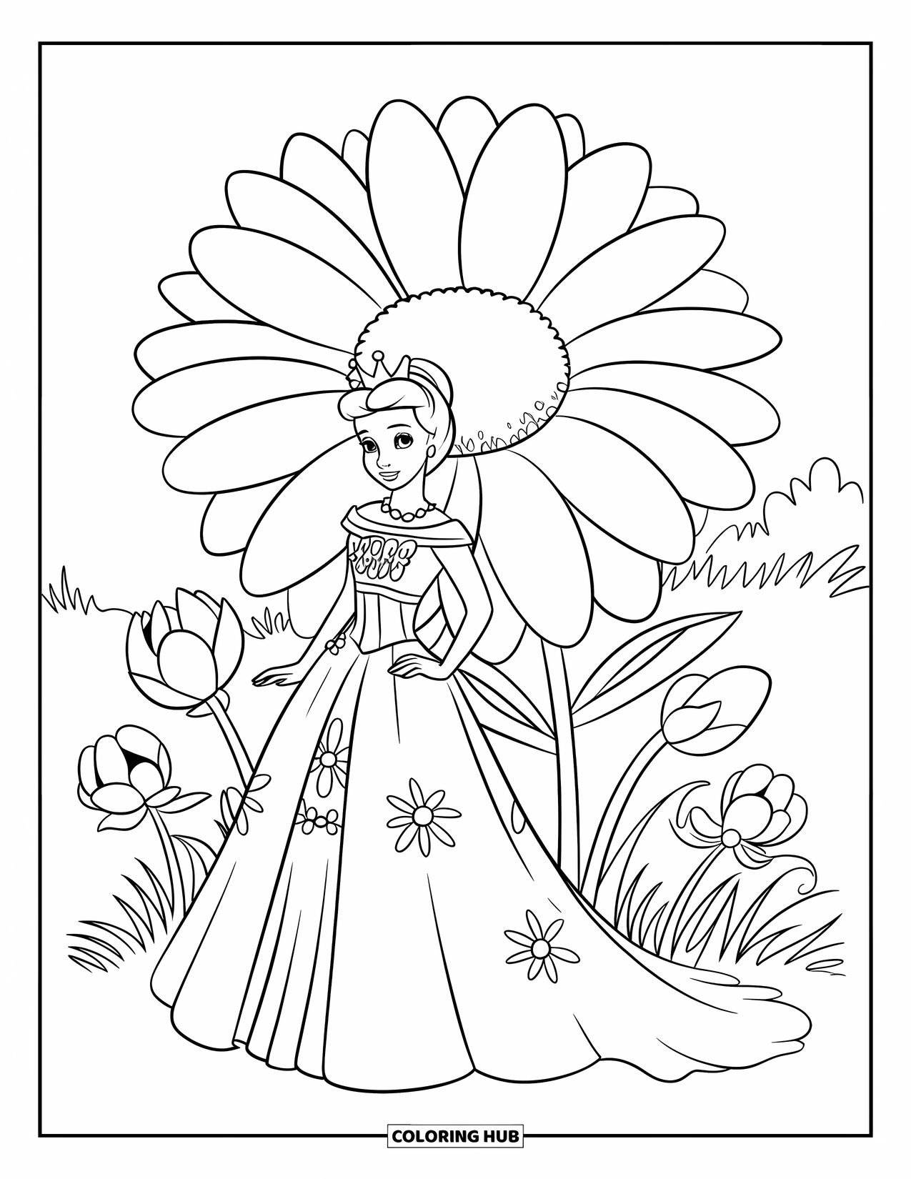 Queen Coloring Page for Kids: A crowned queen in a floral gown stands beside a large flower in a lush field