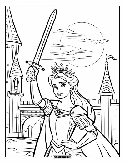 Coloriage de reine pour enfants : Une reine couronnée en armure brandit son épée avec un château à proximité