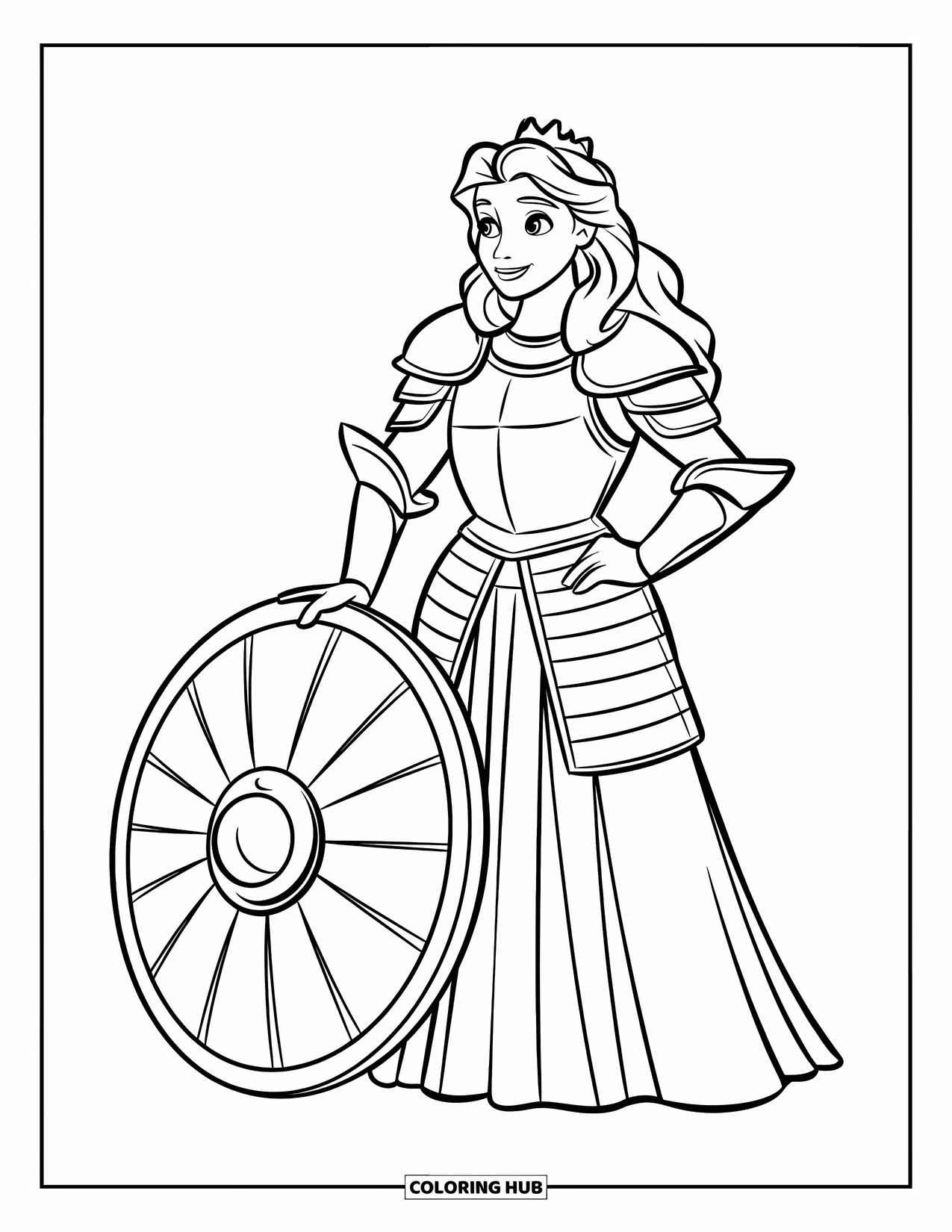 Queen Coloring Page for Kids: A crowned queen in metal armor stands beside a decorated round shield