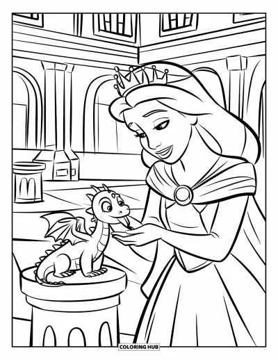 Coloriage de reine pour enfants : Une reine couronnée offre de la nourriture à un dragon ailé dans la cour d'un château