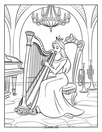 Coloriage de reine pour enfants : Une reine couronnée joue de la harpe parmi des instruments de musique dans une salle au sol de pierre