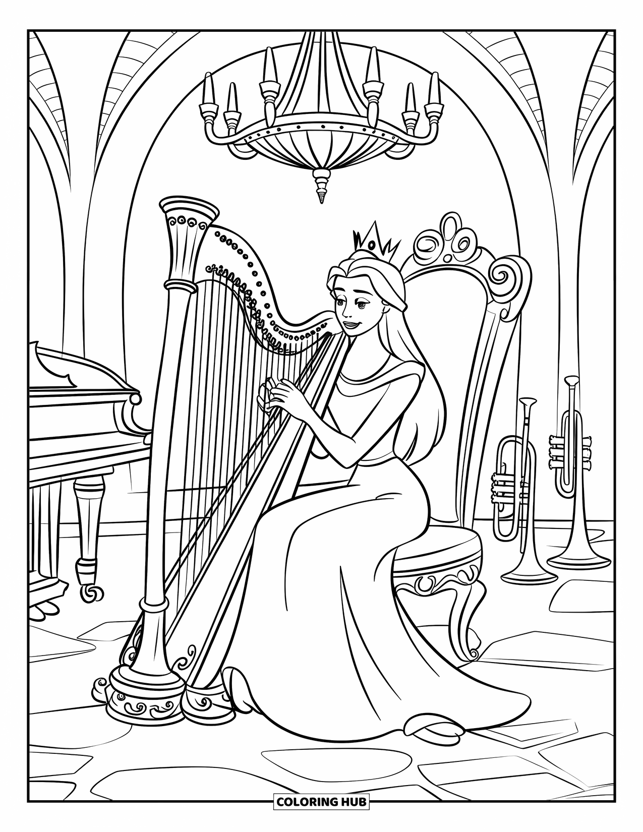 Queen Coloring Page for Kids: A crowned queen plays a harp among musical instruments in a stone-floored room