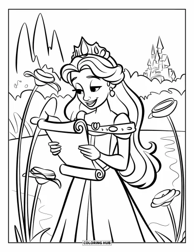 Coloriage de reine pour enfants : Une reine couronnée lit un parchemin parmi de grandes fleurs près d'un château au loin