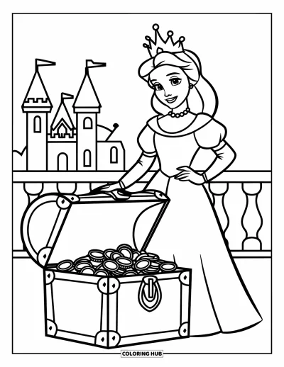 Coloriage de reine pour enfants : Une reine couronnée se tient fièrement près d'un coffre au trésor débordant devant un château