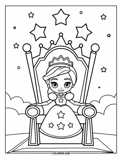 Coloriage de reine pour enfants : Une adorable reine est assise sur un grand trône sous des étoiles scintillantes