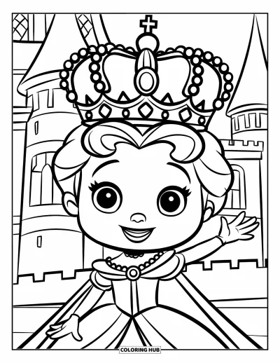 Coloriage de reine pour enfants : Une adorable reine fait joyeusement signe devant un château à hautes tours