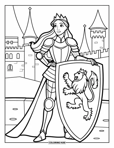 Coloriage de reine pour enfants : Une reine aux cheveux flottants en armure se tient près d'un bouclier orné d'un lion avec des tours de château