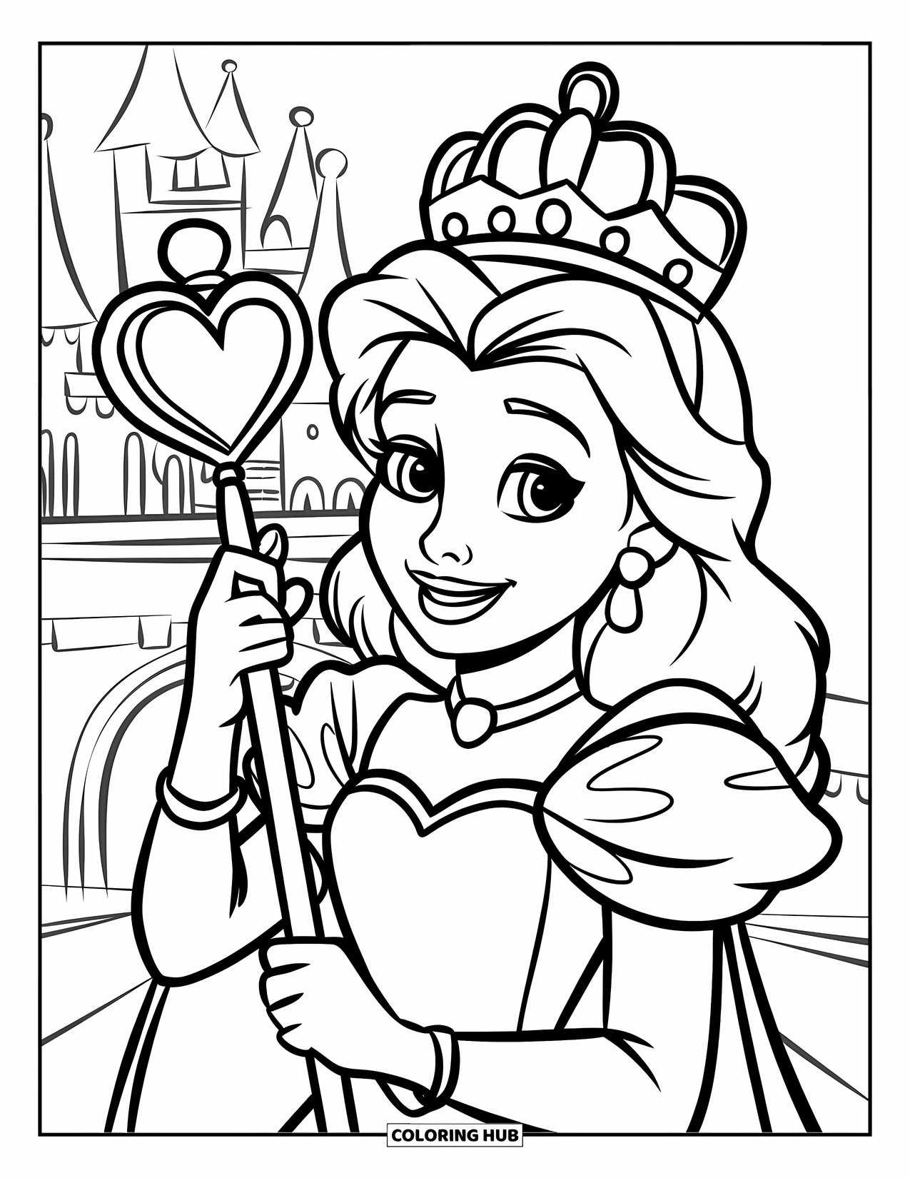 Queen Coloring Page for Kids: A friendly queen holds a heart-shaped scepter outside a grand castle