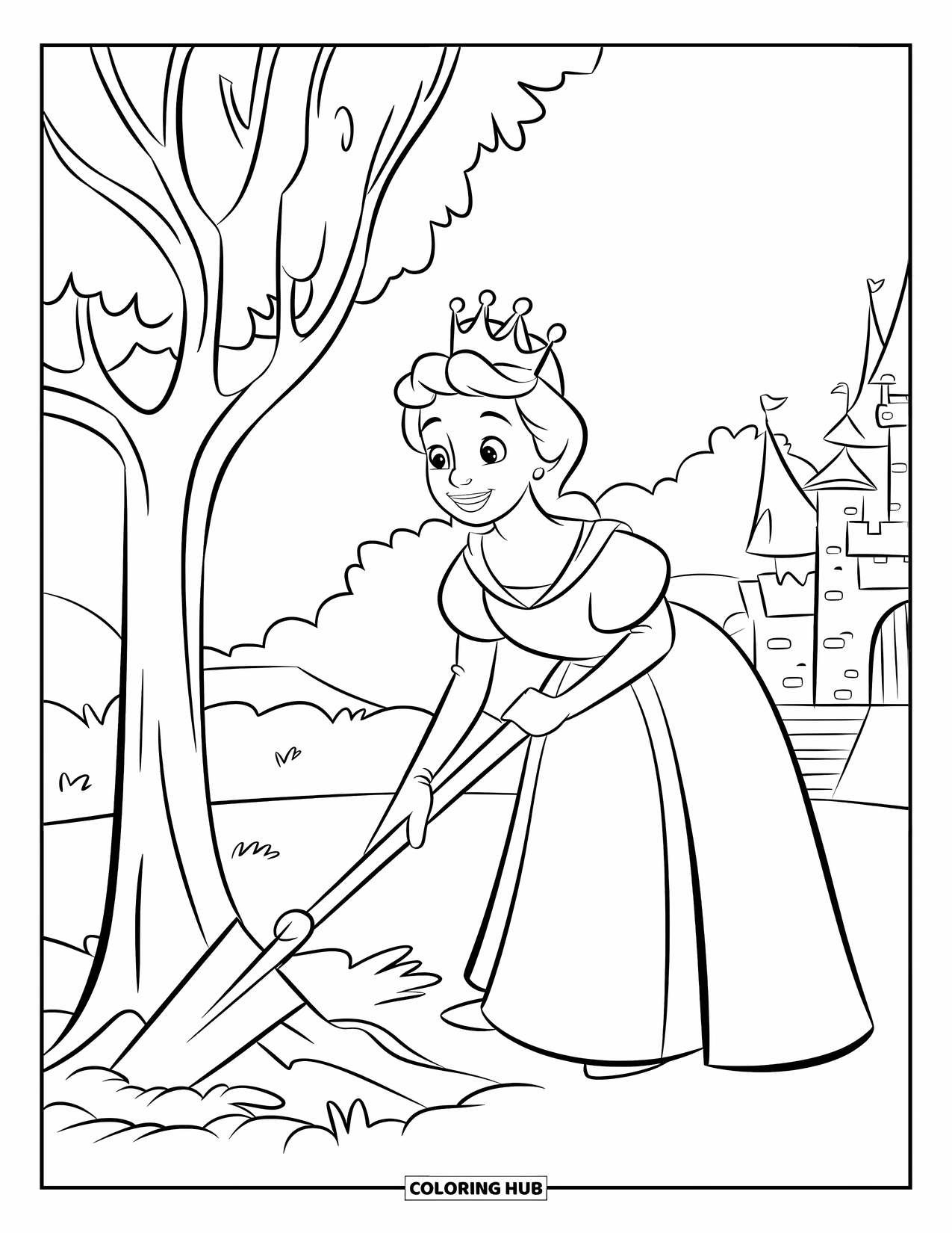 Queen Coloring Page for Kids: A friendly queen plants a tree near a castle with a golden spade