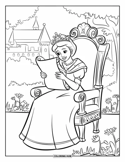 Coloriage de reine pour enfants : Une reine bienveillante lit un parchemin assise dans un jardin royal fleuri