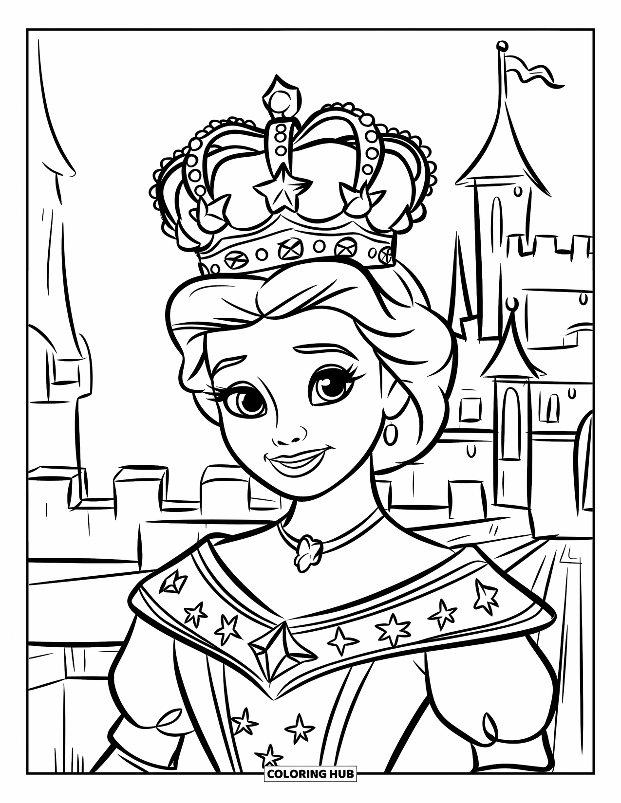 Queen Coloring Page for Kids: A friendly queen stands in a patterned gown with a shining starry crown