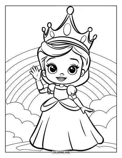Coloriage de reine pour enfants : Une reine heureuse fait signe depuis un nuage avec un arc-en-ciel derrière elle
