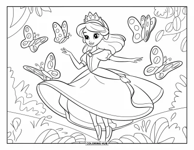 Coloriage de reine pour enfants : Une reine joyeuse danse avec des papillons dans une forêt luxuriante