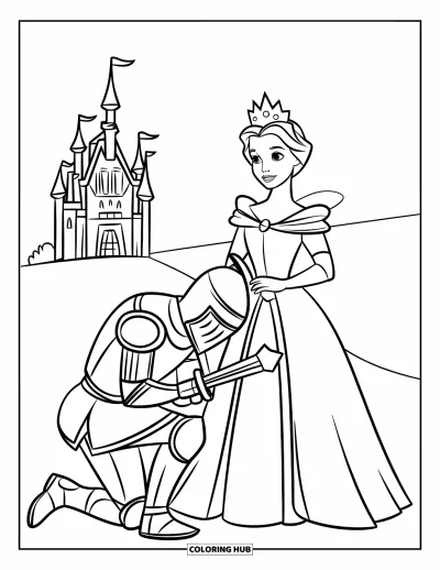 Coloriage de reine pour enfants : Un chevalier loyal s'incline aux côtés d'une reine royale devant un château