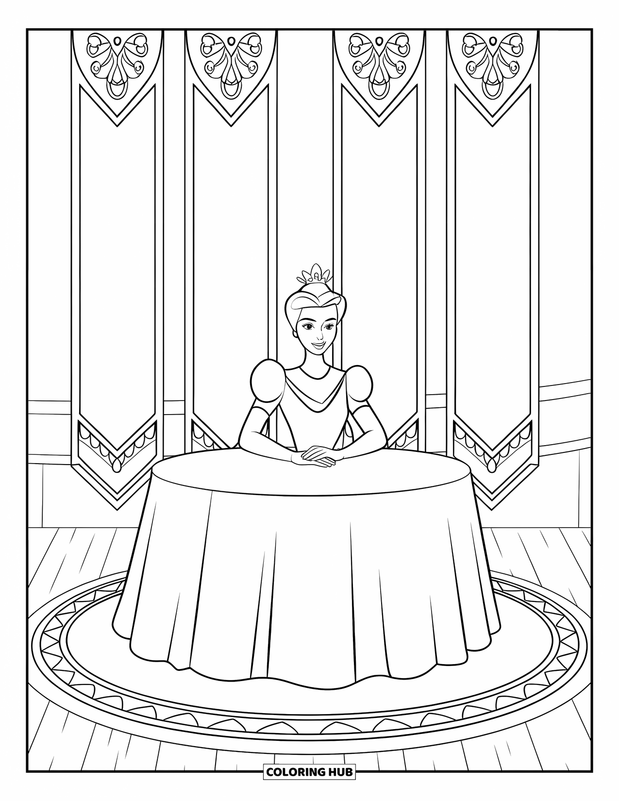 Queen Coloring Page for Kids: A poised queen sits at a table with ornate banners and a rug beneath