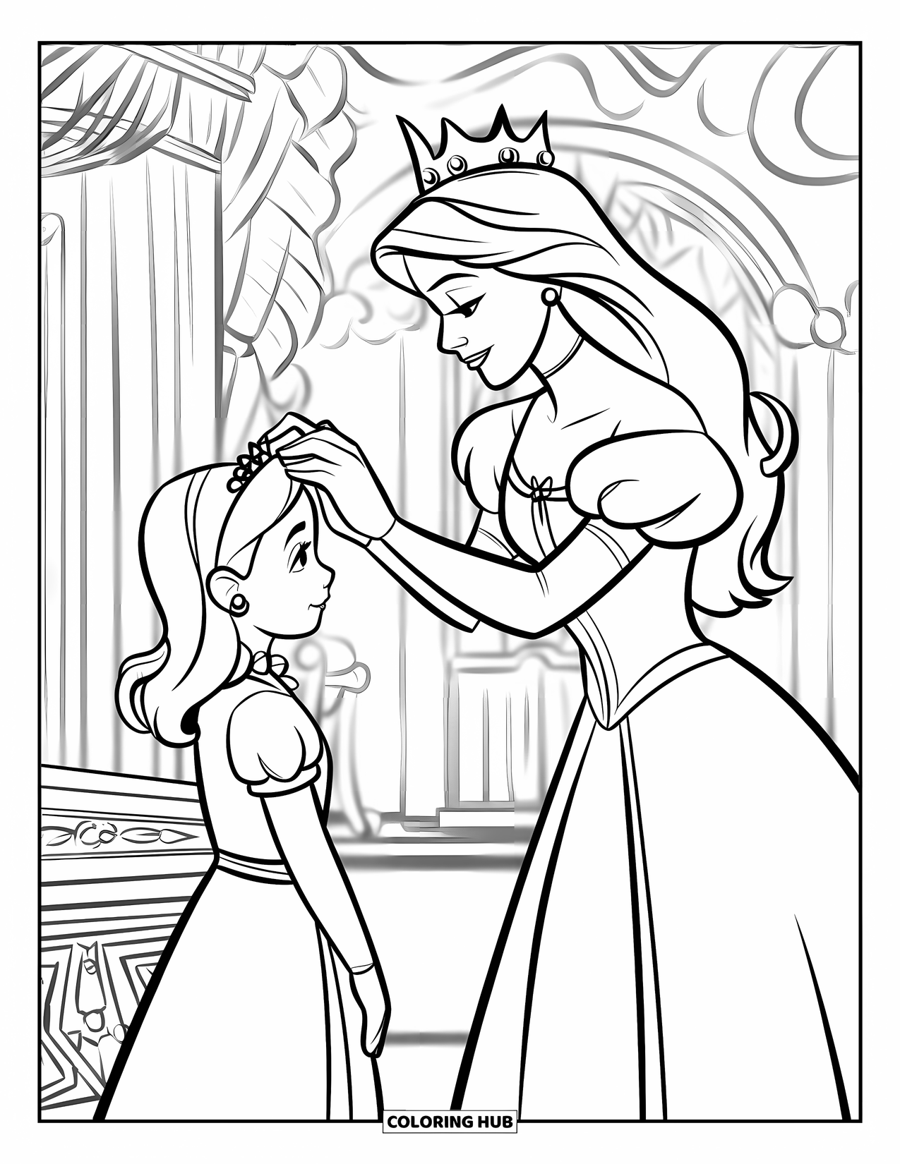 Queen Coloring Page for Kids: A queen crowns a princess inside an elegant, decorated castle room