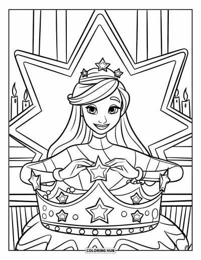 Coloriage de reine pour enfants : Une reine décore sa couronne étoilée assise sur un trône en forme d'étoile