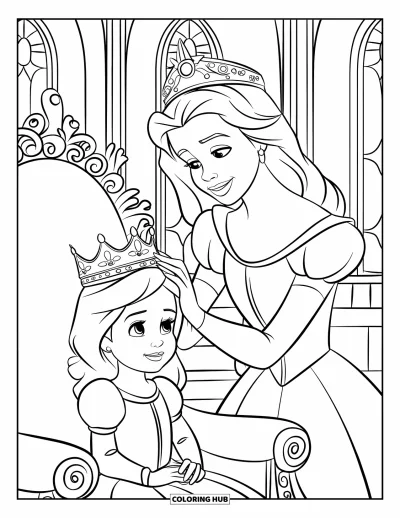 Coloriage de reine pour enfants : Une reine pose doucement sa couronne sur la tête d'une jeune princesse