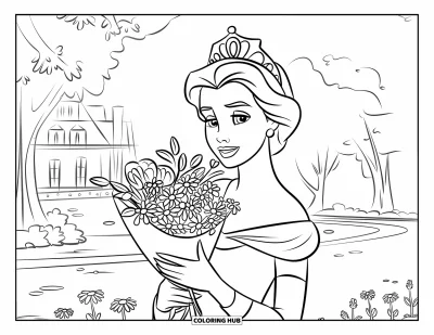 Coloriage de reine pour enfants : Une reine tient un bouquet de fleurs dans un jardin de palais