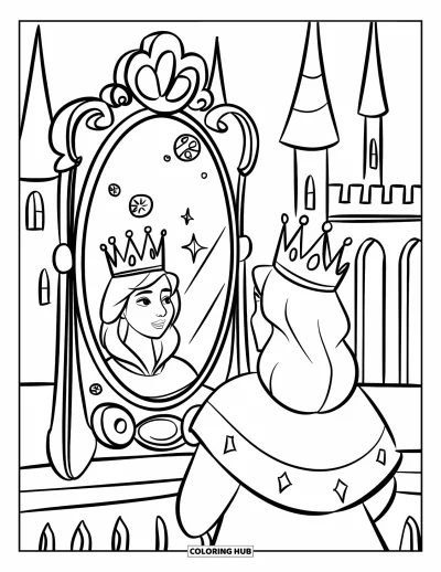 Coloriage de reine pour enfants : Une reine dans un château regarde dans un miroir magique entouré de symboles