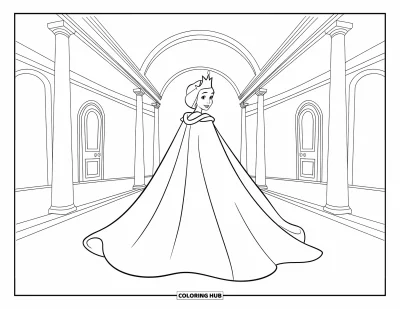 Coloriage de reine pour enfants : Une reine en cape flottante traverse un grand couloir de palais