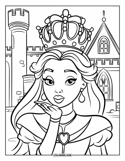 Coloriage de reine pour enfants : Une reine en robe fluide envoie un baiser devant un château