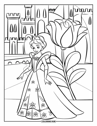 Coloriage de reine pour enfants : Une reine en robe à motifs se tient près d'une grande fleur avec un château derrière elle