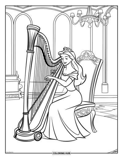 Coloriage de reine pour enfants : Une reine en robe majestueuse joue de la harpe dans une grande salle de musique