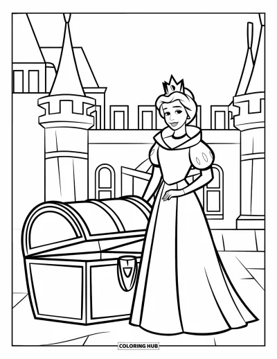 Coloriage de reine pour enfants : Une reine en robe majestueuse se tient près d'un grand coffre au trésor devant un château