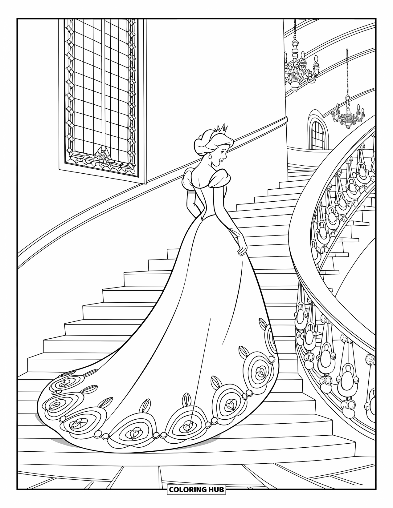 Queen Coloring Page for Kids: A queen in a rose-patterned gown ascends grand palace stairs under stained glass