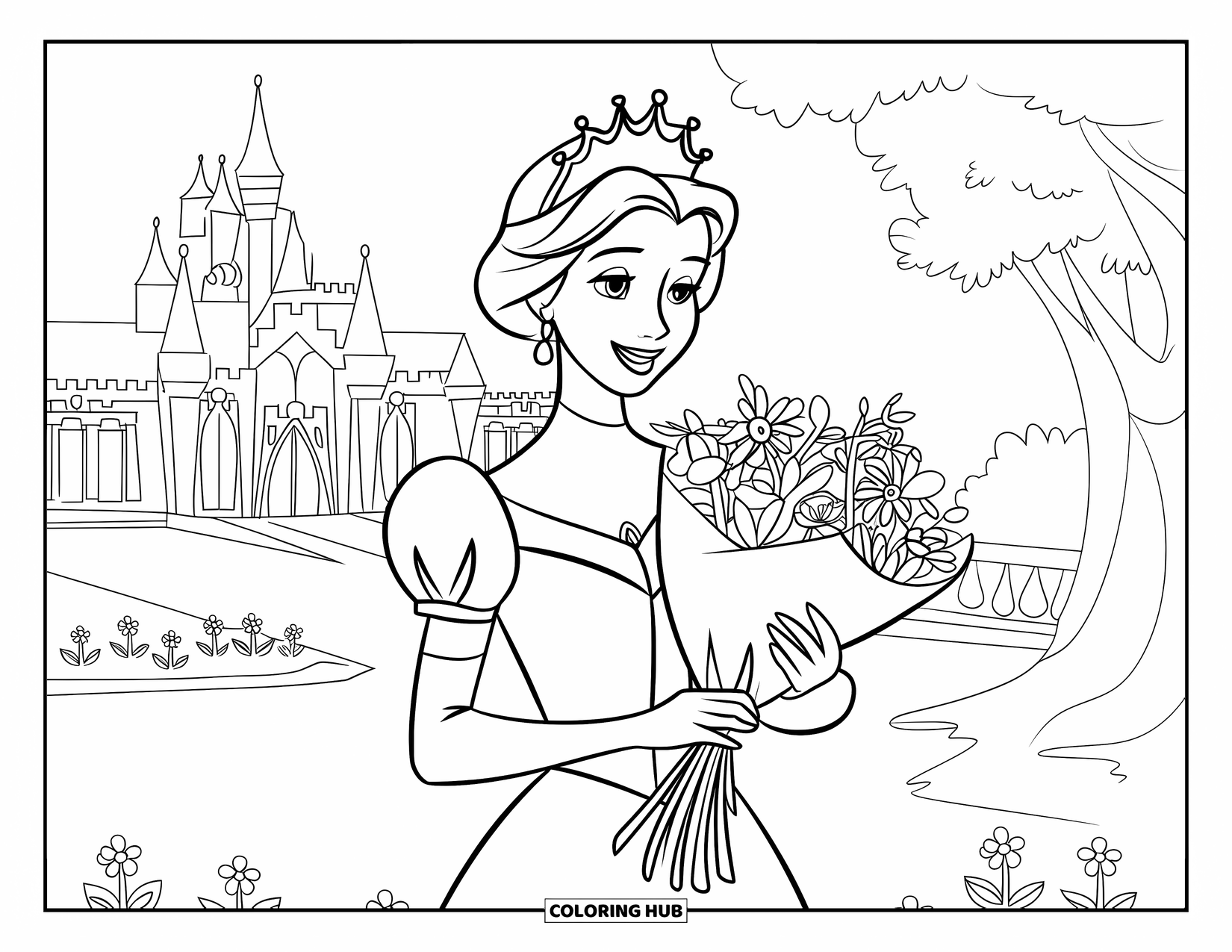 Queen Coloring Page for Kids: A queen in royal attire holds flowers in a garden with a grand palace backdrop