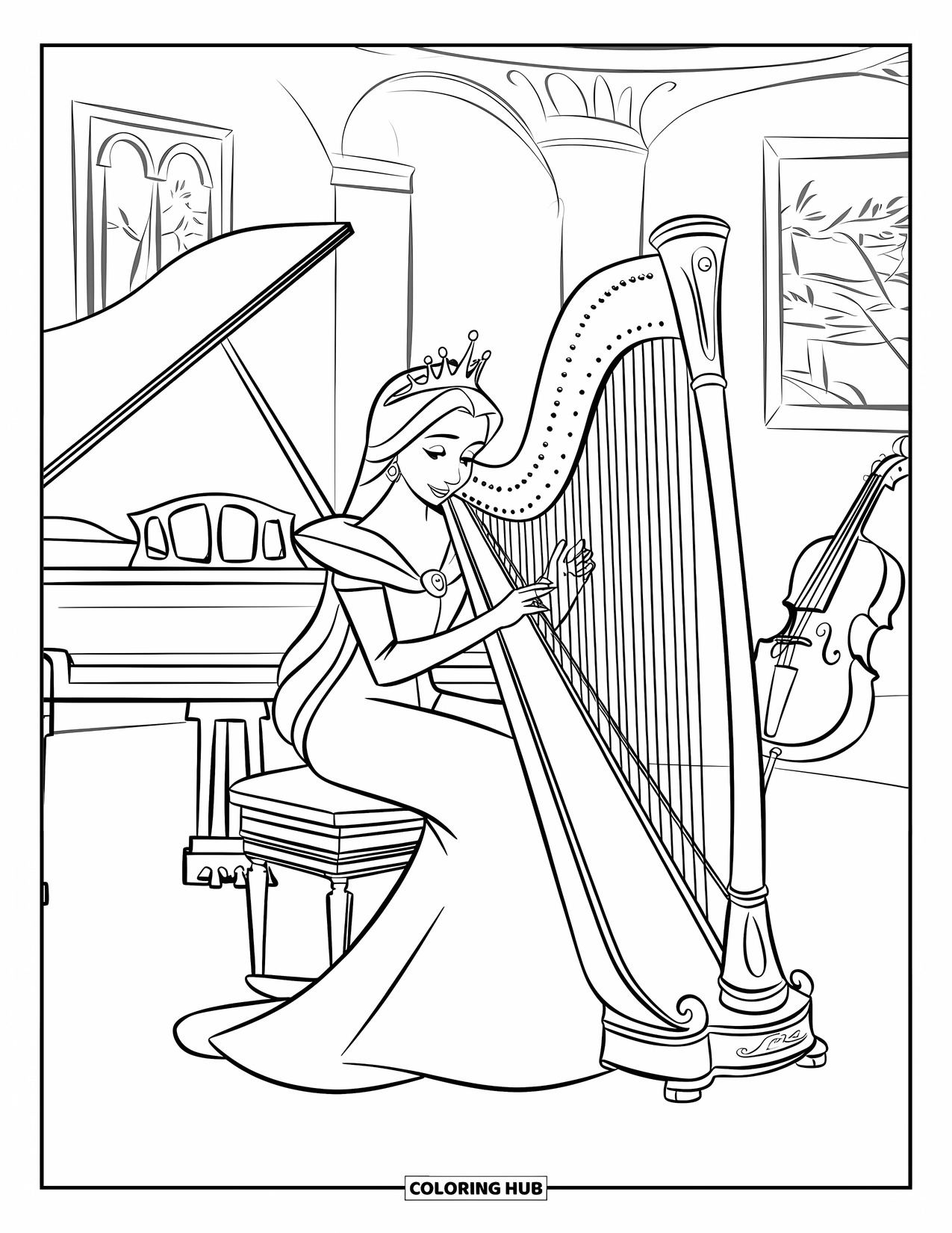Queen Coloring Page for Kids: A queen plays a harp in a music room filled with instruments and paintings