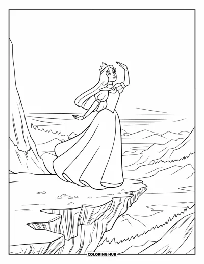 Coloriage de reine pour enfants : Une reine lève les bras sur un rebord de montagne dans la brume