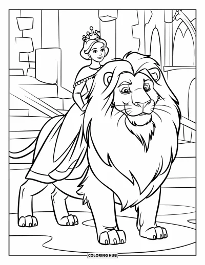 Coloriage de reine pour enfants : Une reine chevauche un lion majestueux près d'un château