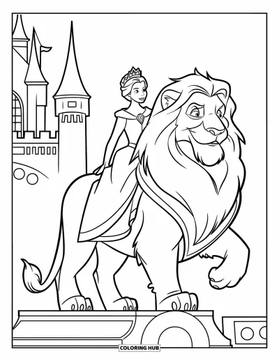 Coloriage de reine pour enfants : Une reine chevauche un lion majestueux sur un trône près d'un château