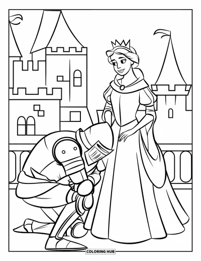 Coloriage de reine pour enfants : Une reine se tient aux côtés d'un chevalier qui s'incline devant un château