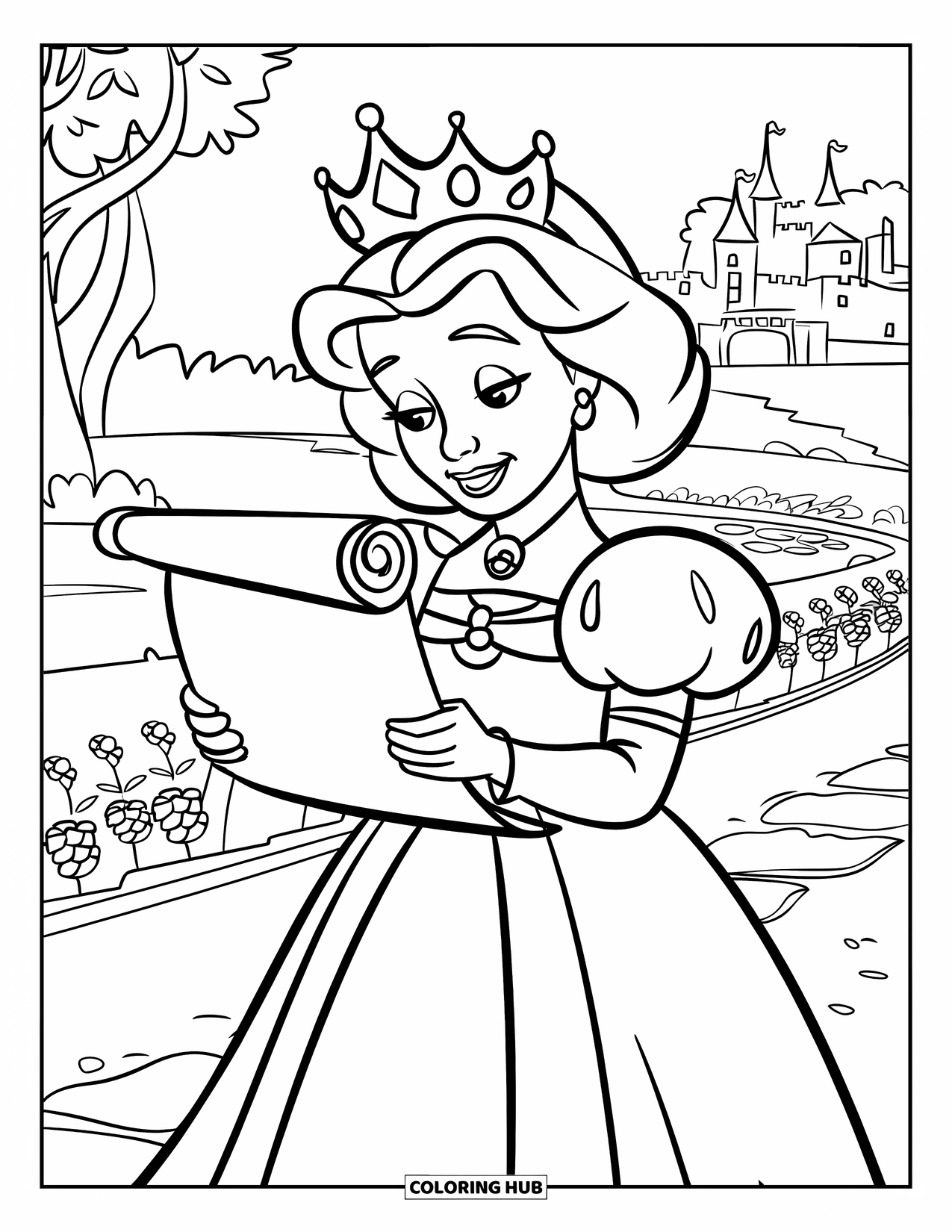 Queen Coloring Page for Kids: A queen stands on a stone path reading a scroll in a palace garden