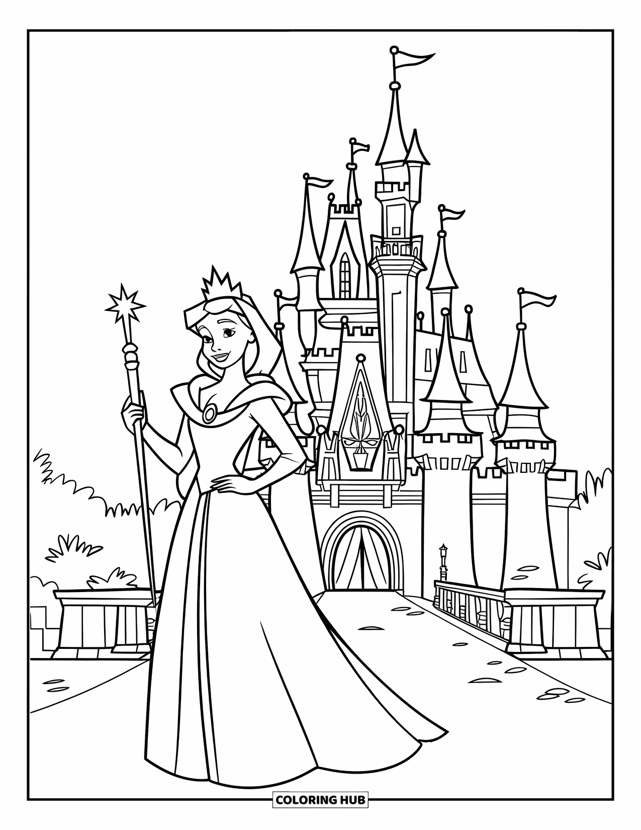 Queen Coloring Page for Kids: A queen stands proudly before her castle holding a royal scepter